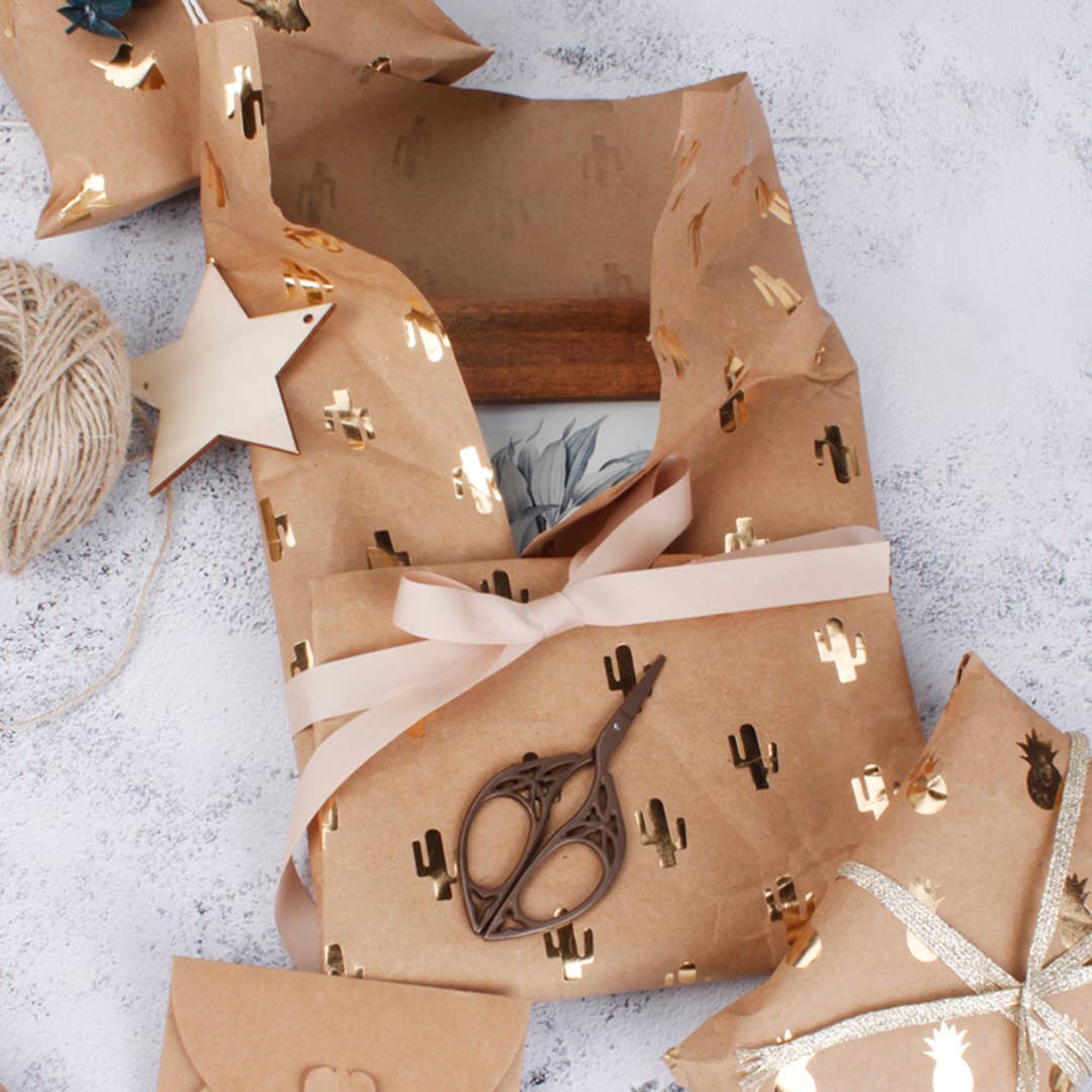 30" x 20" Kraft Wrapping Paper Sheets Bundle (4-pack) | Cactus Gold Foil Kraft