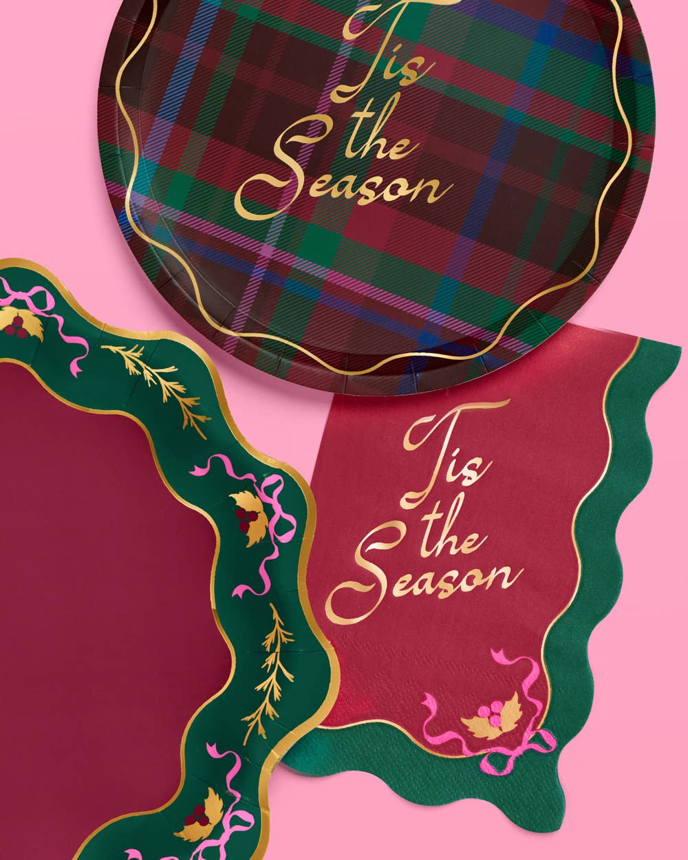 Tis the Season Plate Set - 32 paper plates, 2 sizes Christmas Xmas Holiday Tablescape