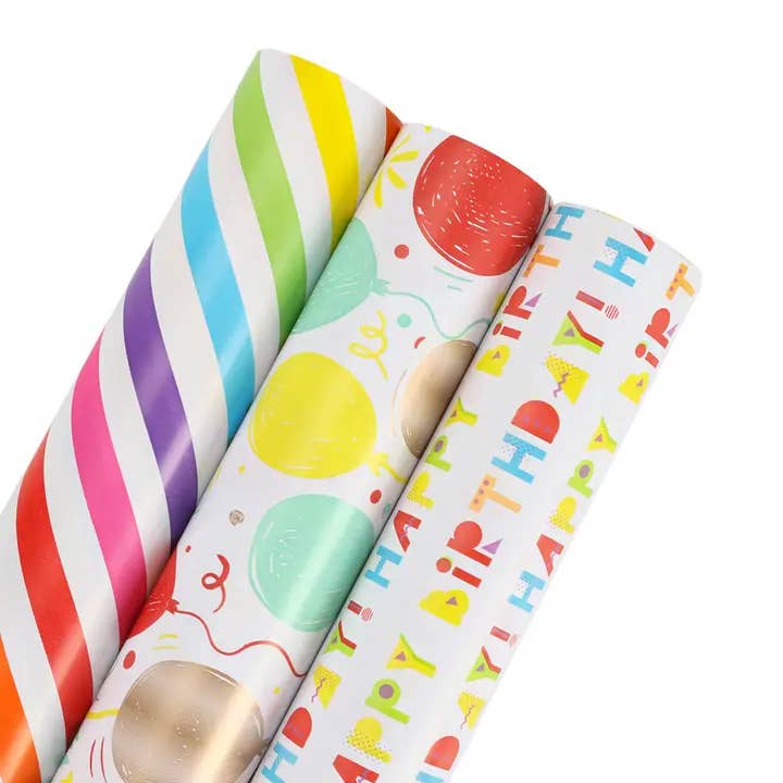 17" x 10' Birthday Mini Wrapping Paper Bundle (3-pack) | Happy Birthday/Balloons/Stripes