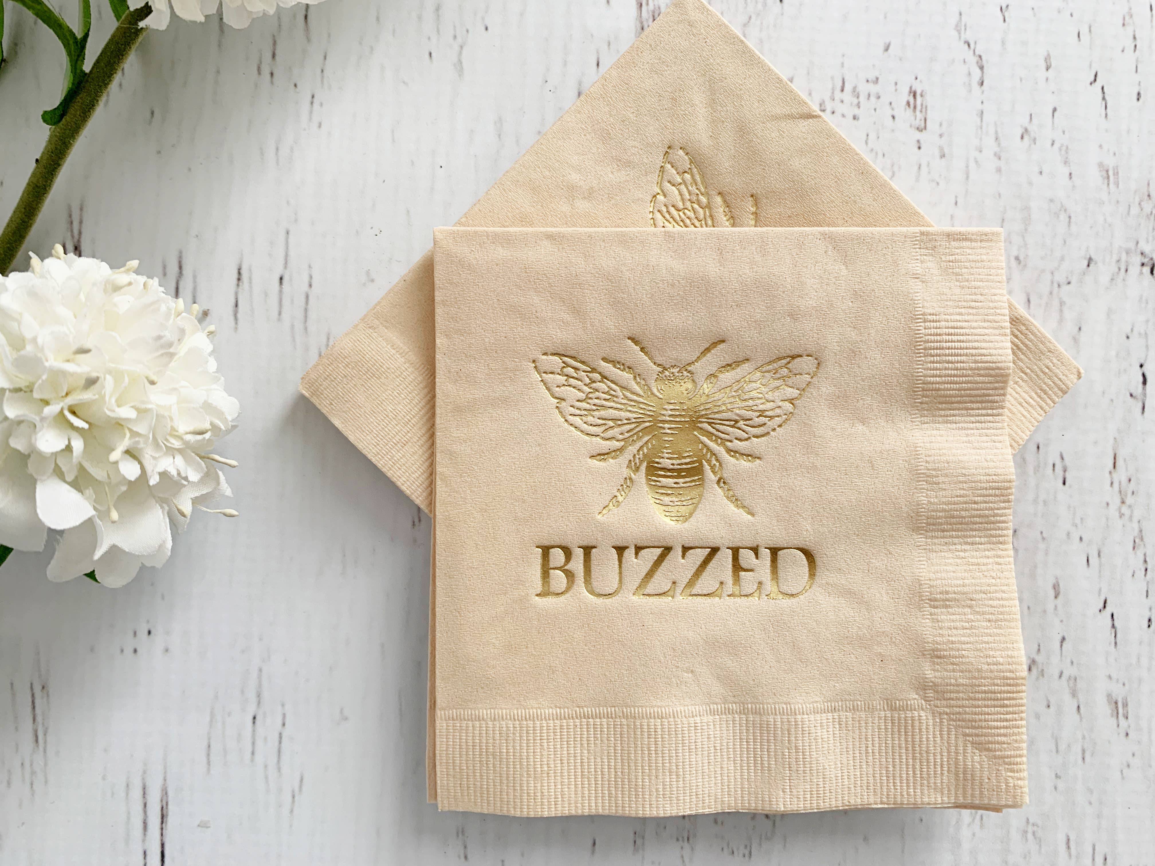 Buzzed Honeybee Cocktail Napkins - Gold on Tan