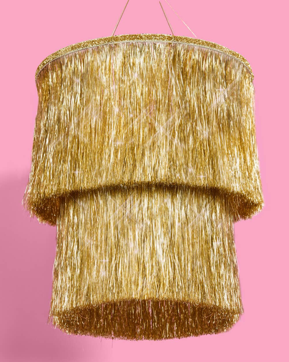 Golden Fringe Chandelier - sparkly foil, 16" tall x 12" wide