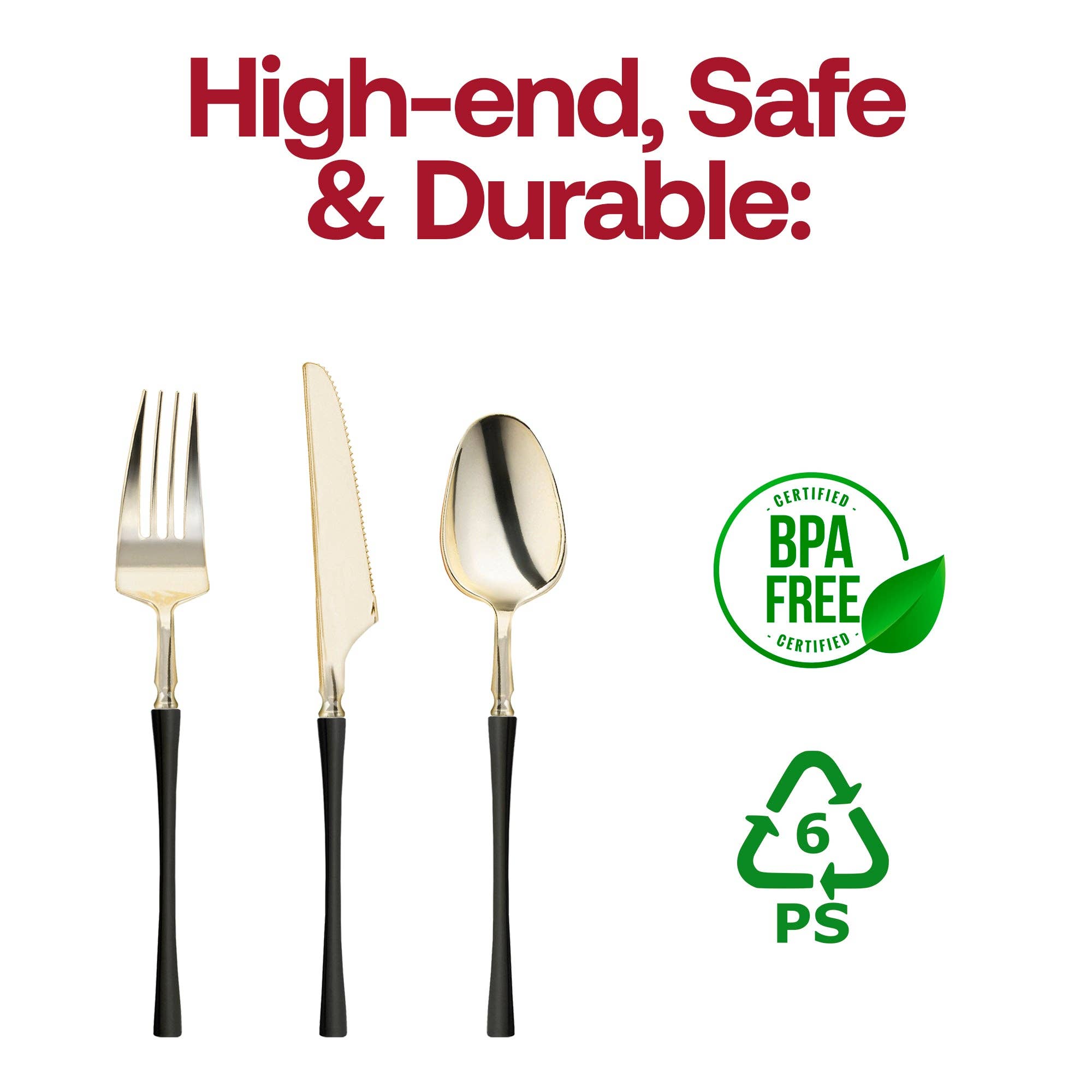 Gold w/ Black Handle Moderno Plastic Cutlery Set - 20 Guests