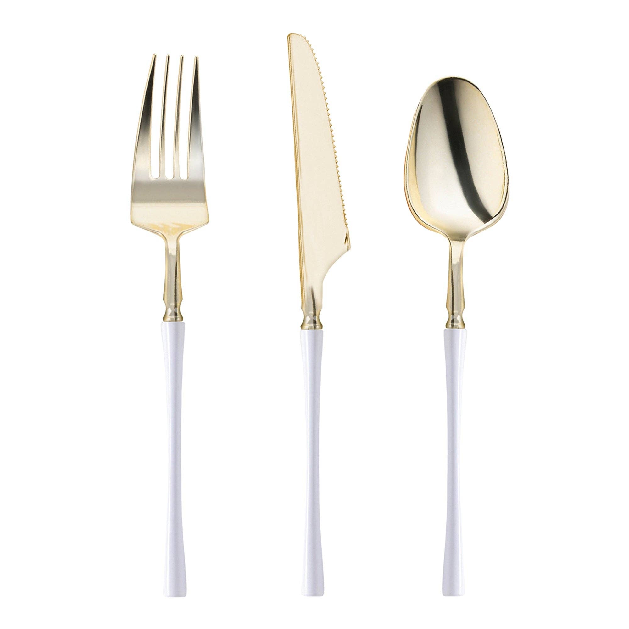 Gold w/ White Handle Moderno Plastic Cutlery Set - 20 Guests