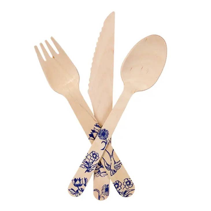 Wooden Delft Printed Party Cutlery - Blue Floral