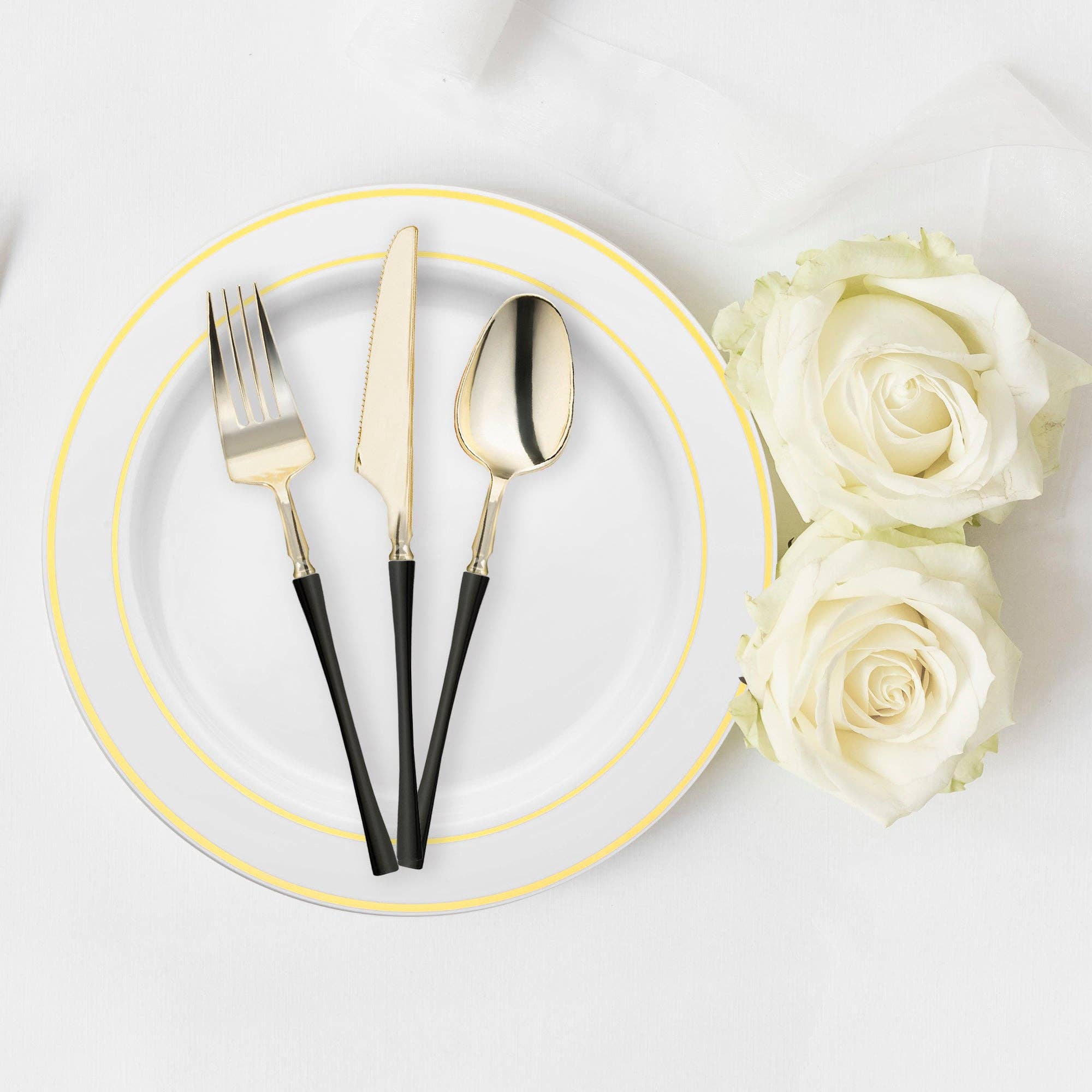 Gold w/ Black Handle Moderno Plastic Cutlery Set - 20 Guests
