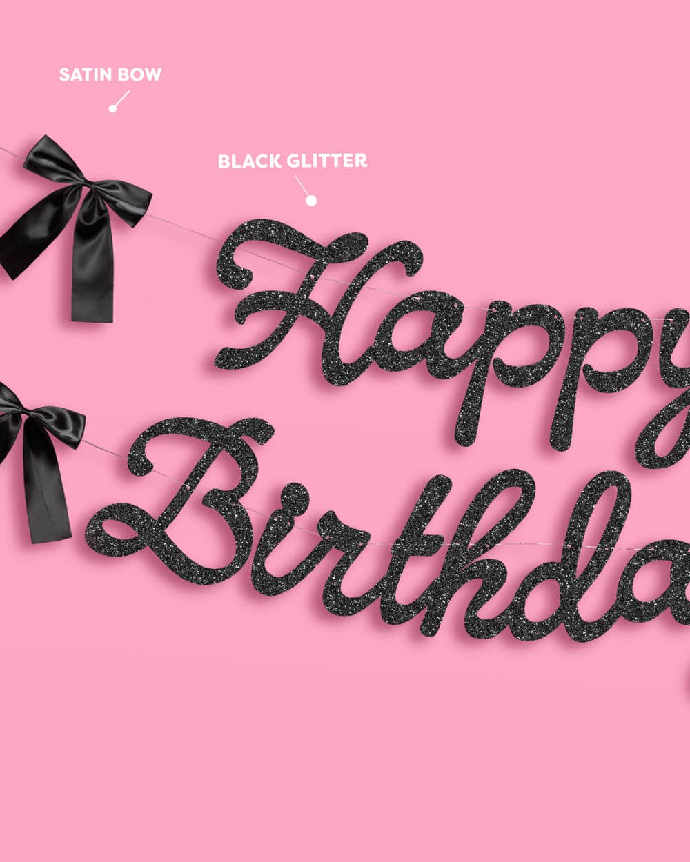 Black Bow Bday Banner - black glitter banner, happy birthday