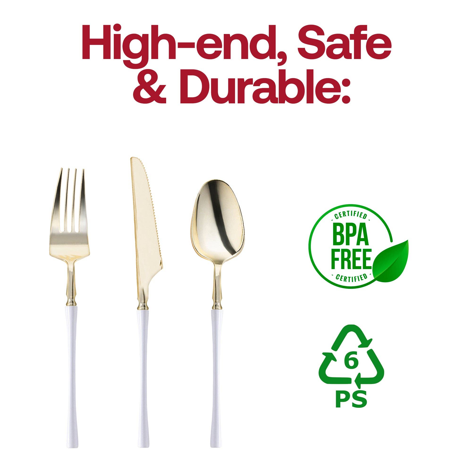 Gold w/ White Handle Moderno Plastic Cutlery Set - 20 Guests