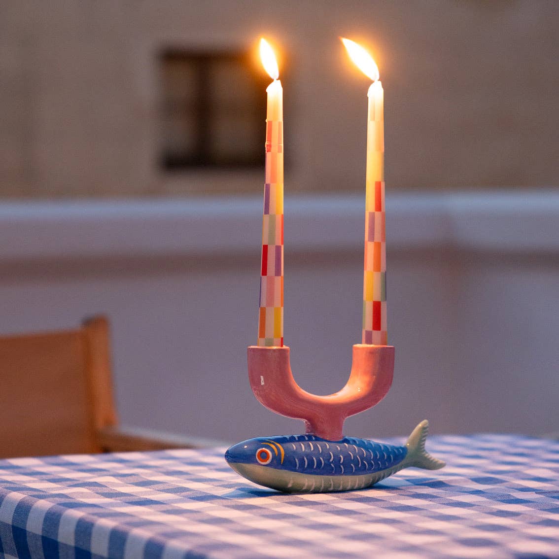 Multi Colored Check Taper Dinner Candles | 2 Pack | Gifts |