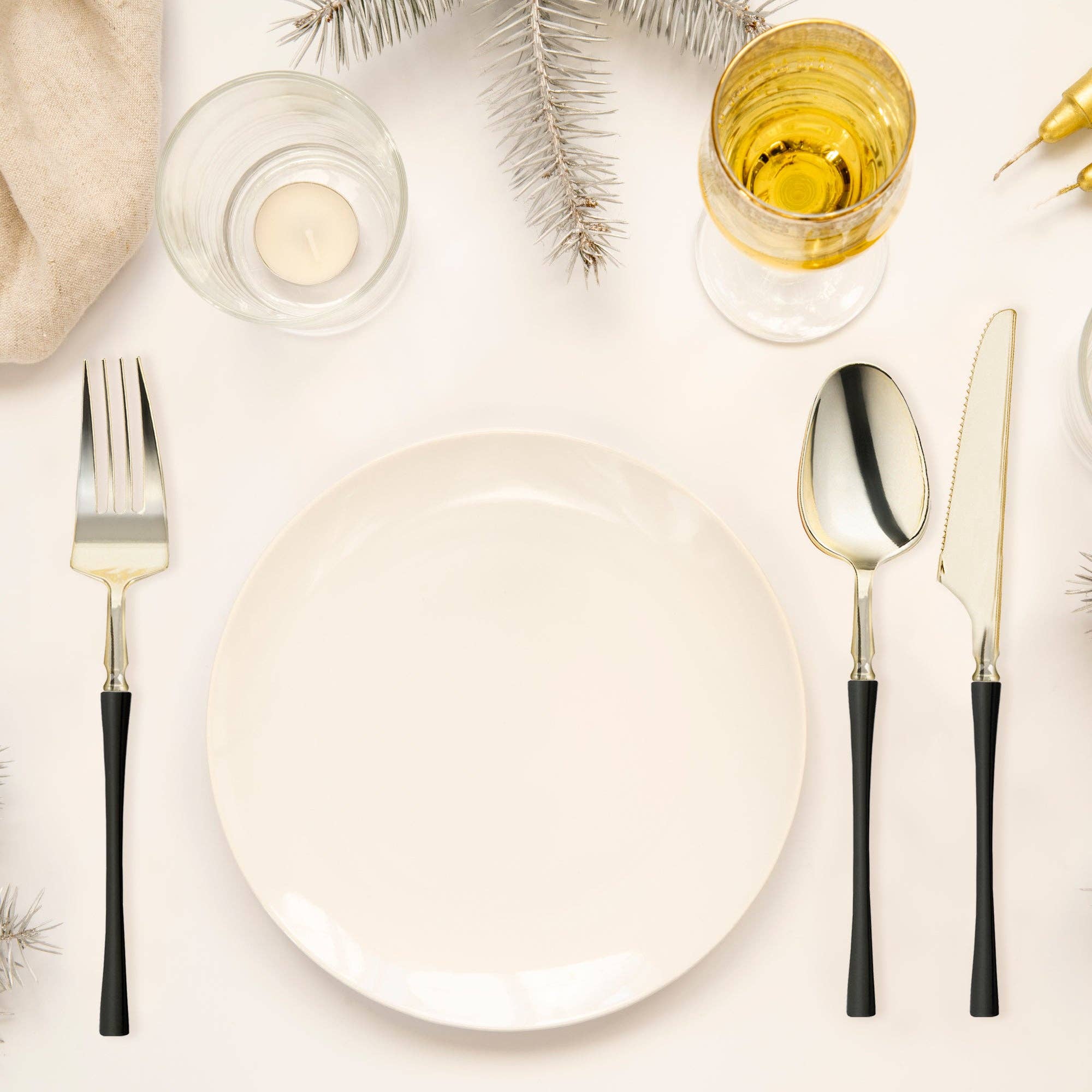 Gold w/ Black Handle Moderno Plastic Cutlery Set - 20 Guests