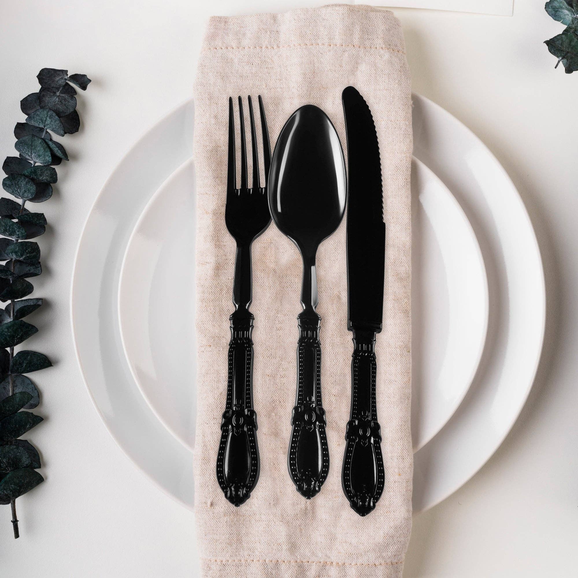 Black Baroque Disposable Plastic Cutlery Set - 20 Guests