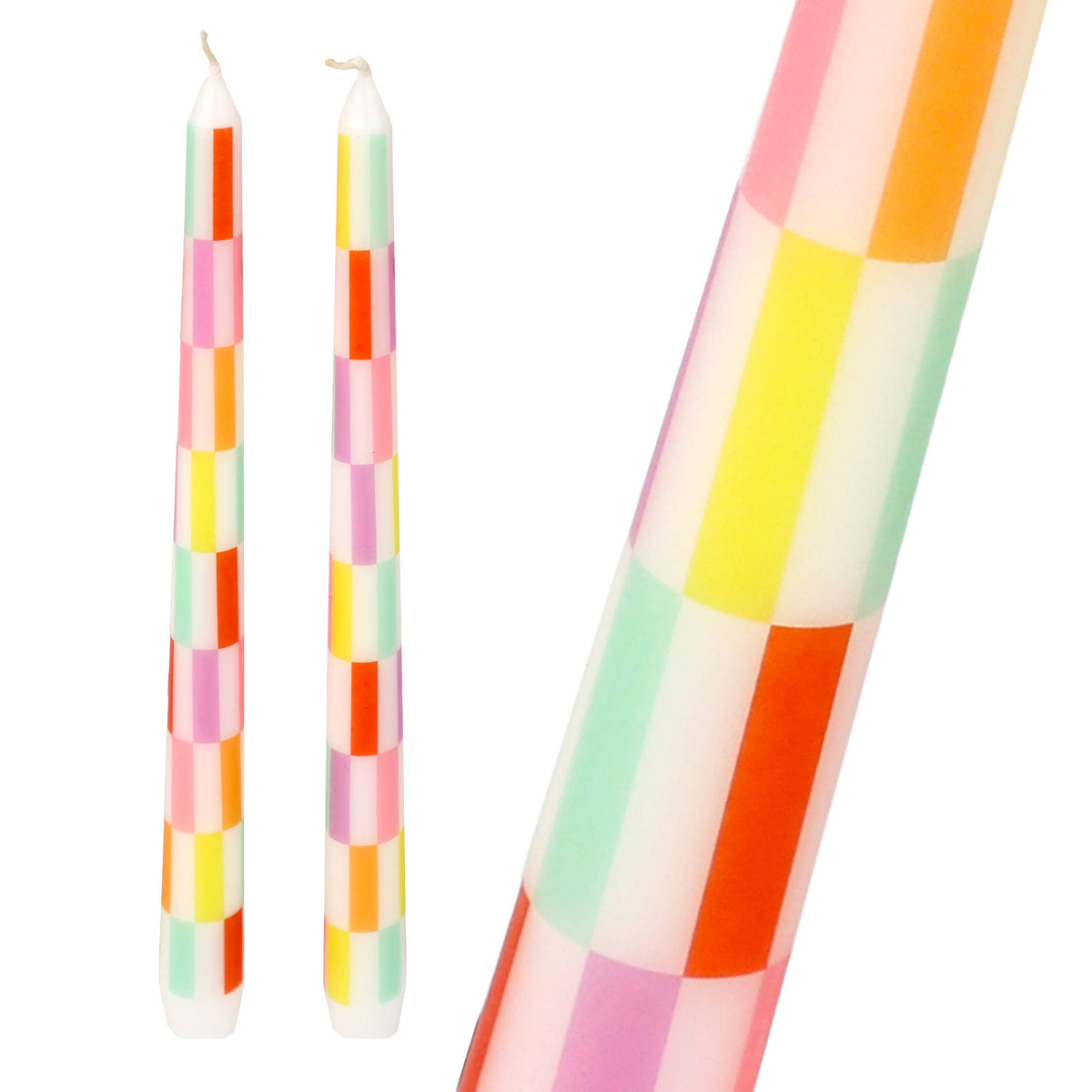 Multi Colored Check Taper Dinner Candles | 2 Pack | Gifts |