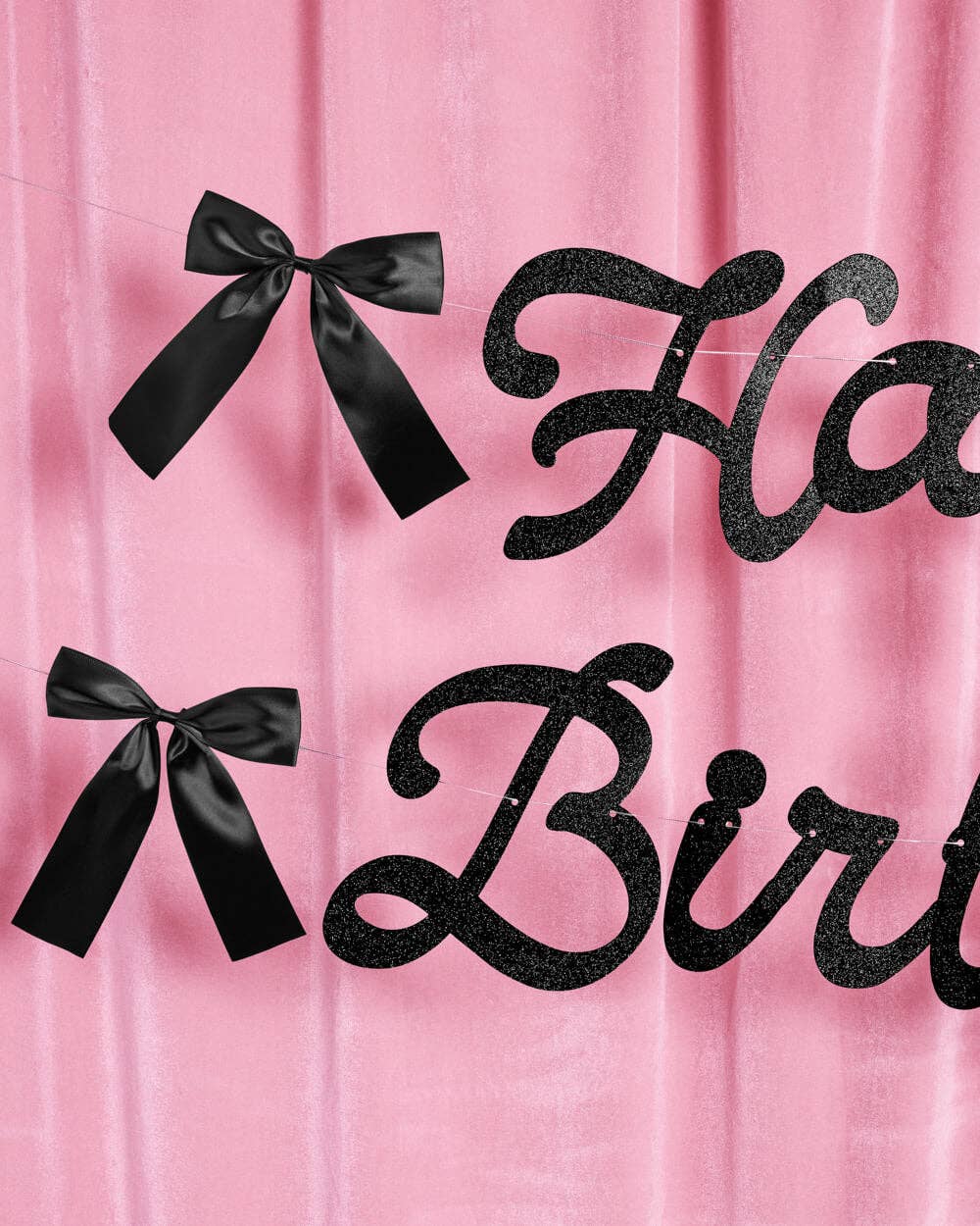 Black Bow Bday Banner - black glitter banner, happy birthday
