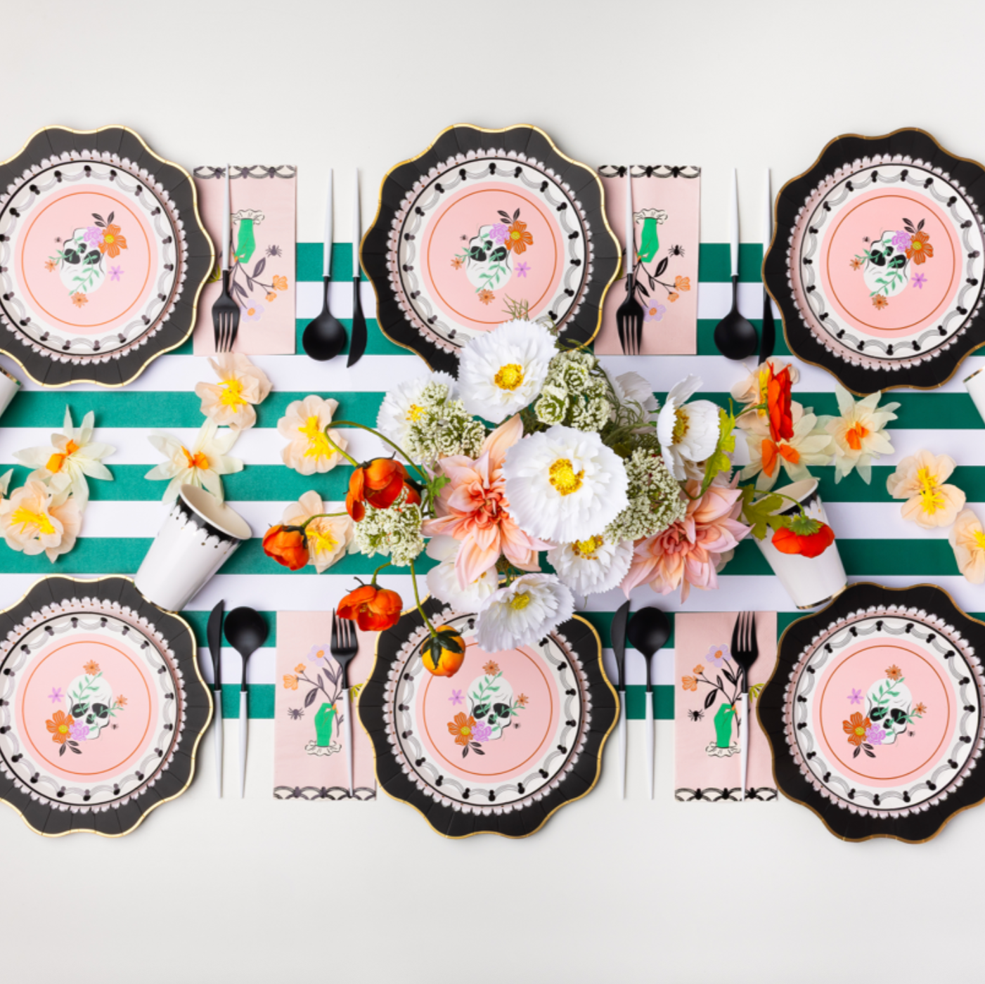 FLORAL HALLOWEEN SKULLS & SPIDERS DESSERT PLATES