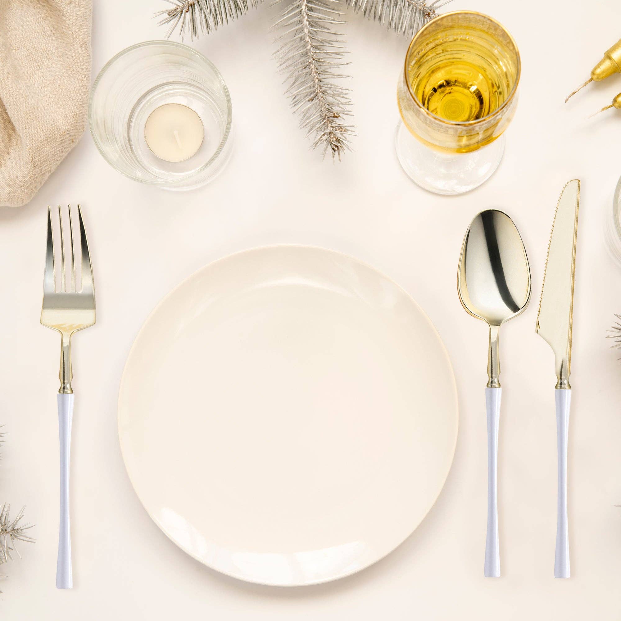 Gold w/ White Handle Moderno Plastic Cutlery Set - 20 Guests