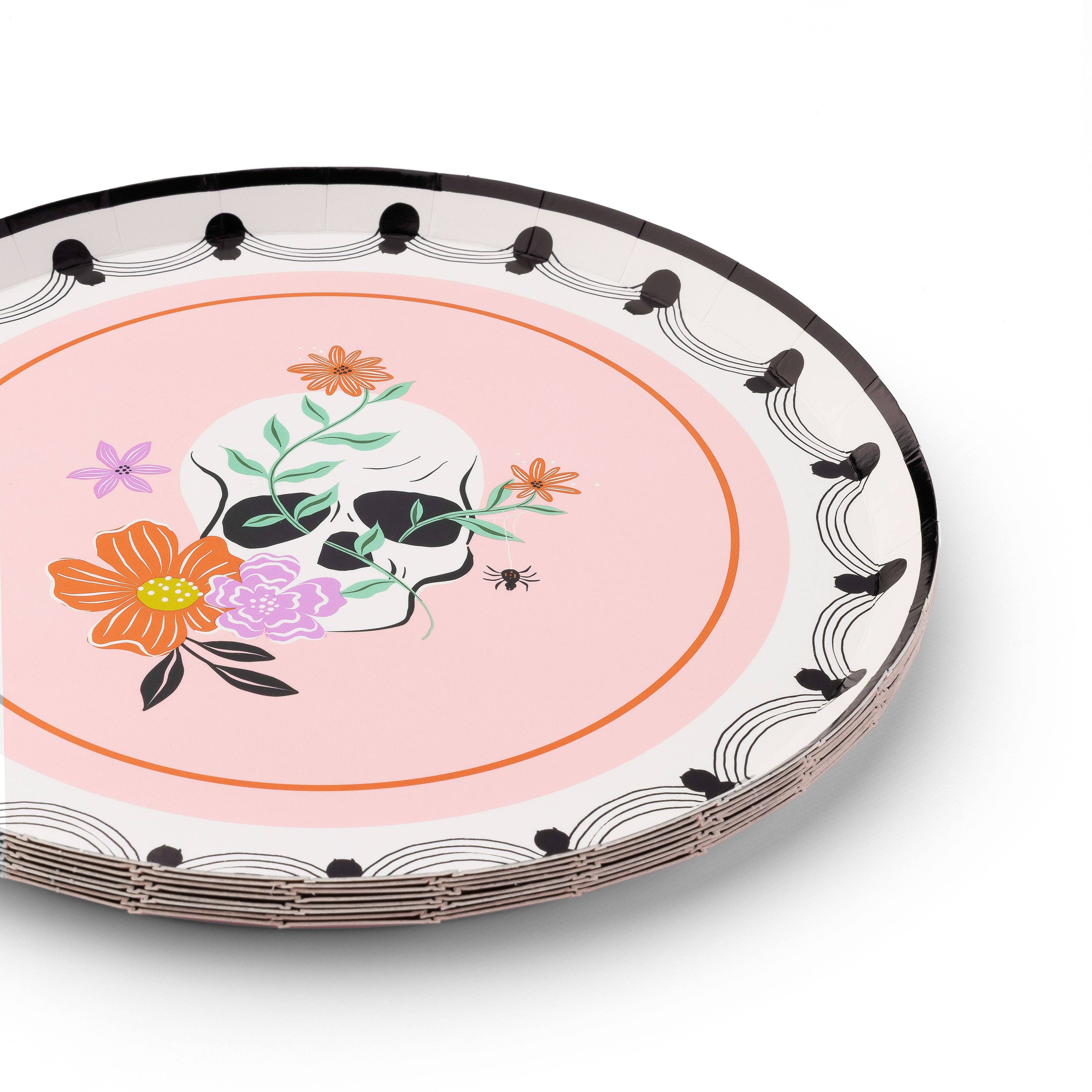 FLORAL HALLOWEEN SKULLS & SPIDERS DESSERT PLATES