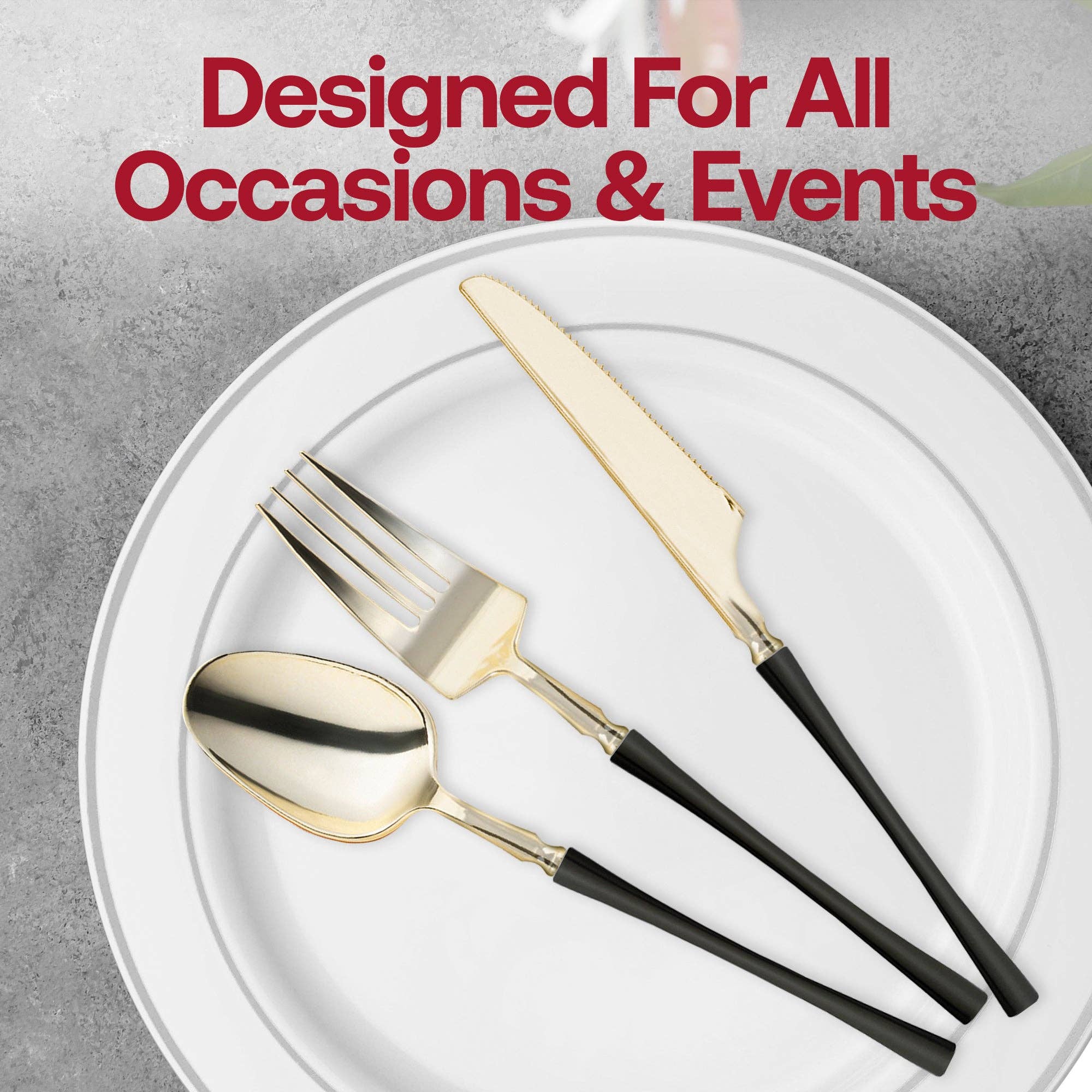 Gold w/ Black Handle Moderno Plastic Cutlery Set - 20 Guests