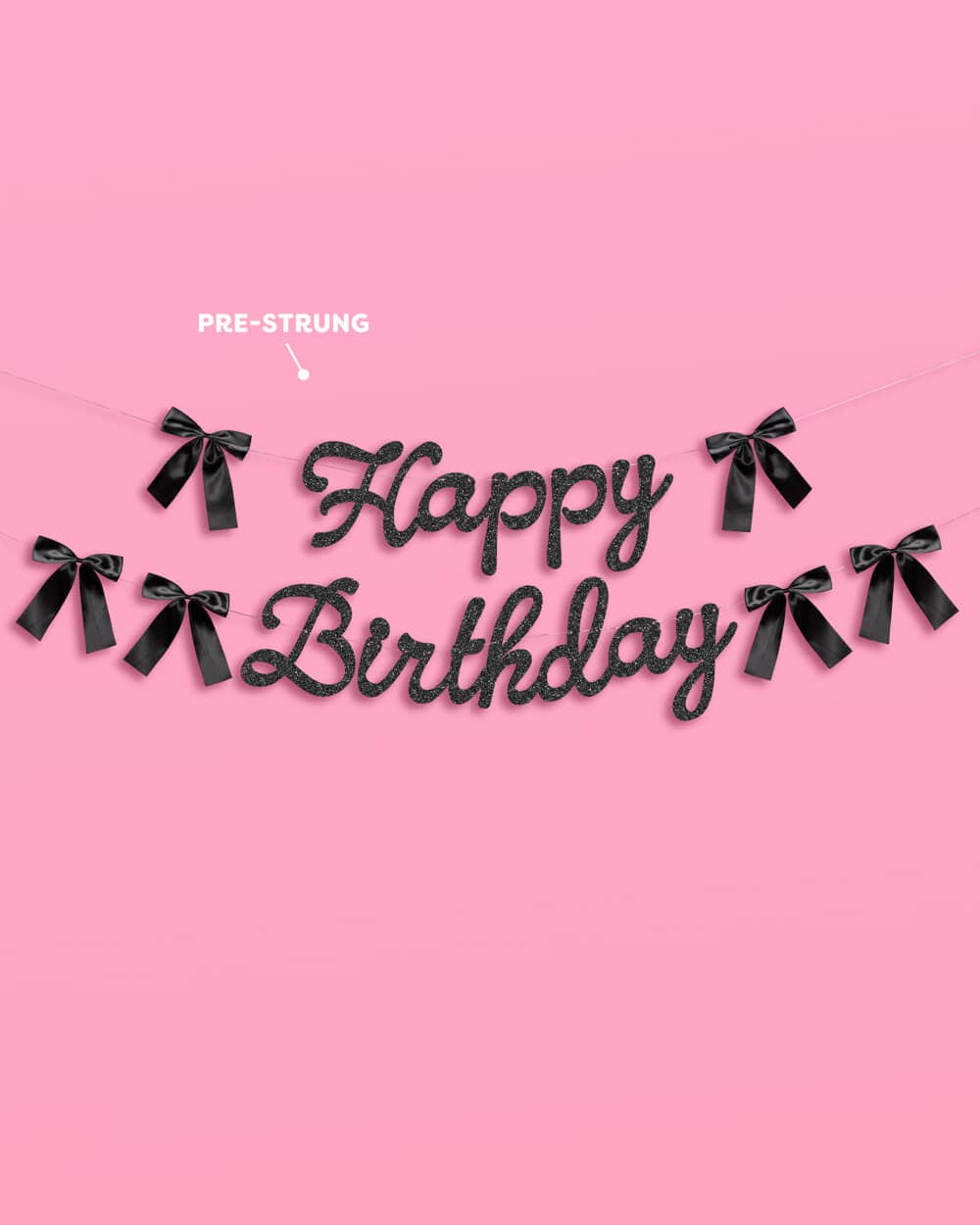 Black Bow Bday Banner - black glitter banner, happy birthday