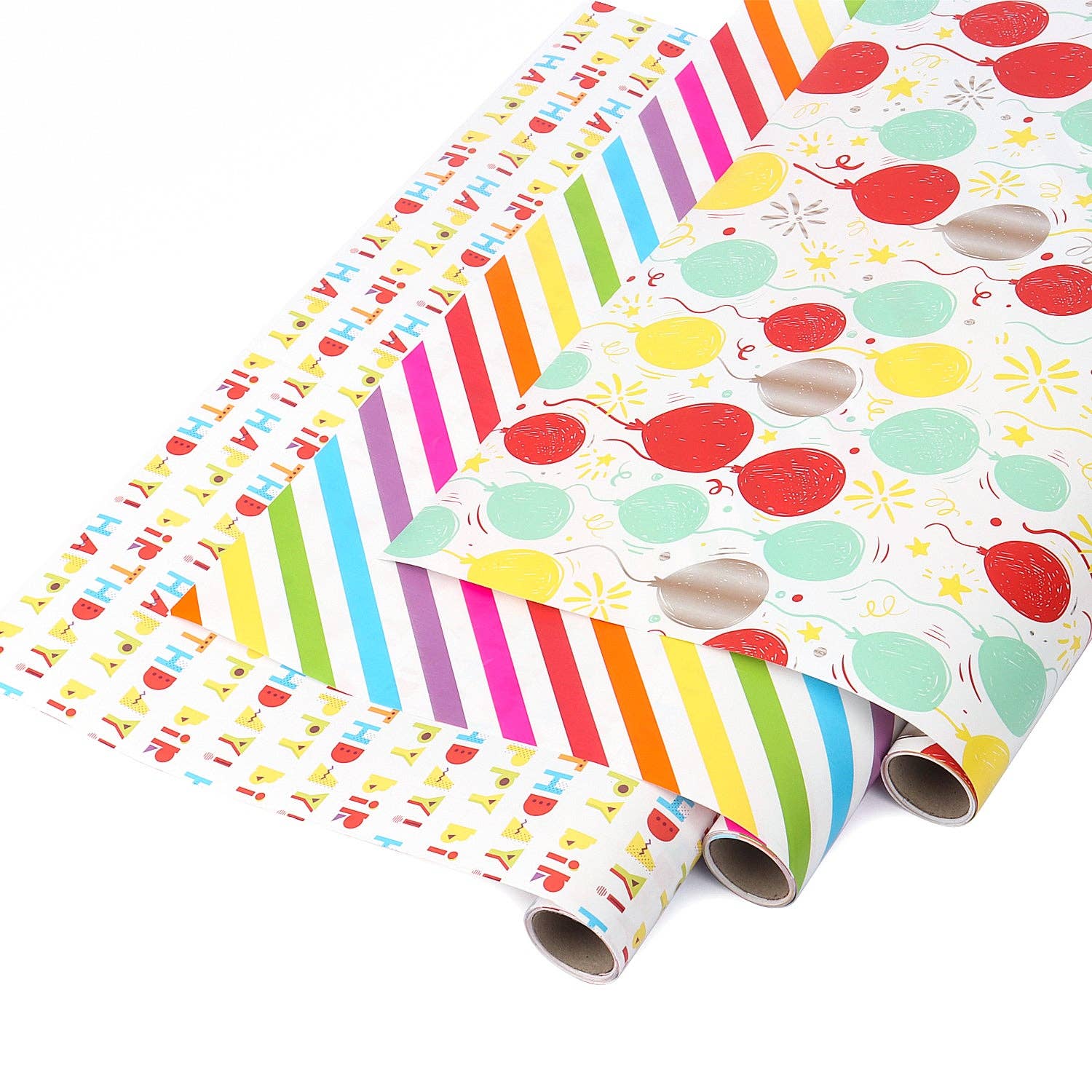 17" x 10' Birthday Mini Wrapping Paper Bundle (3-pack) | Happy Birthday/Balloons/Stripes