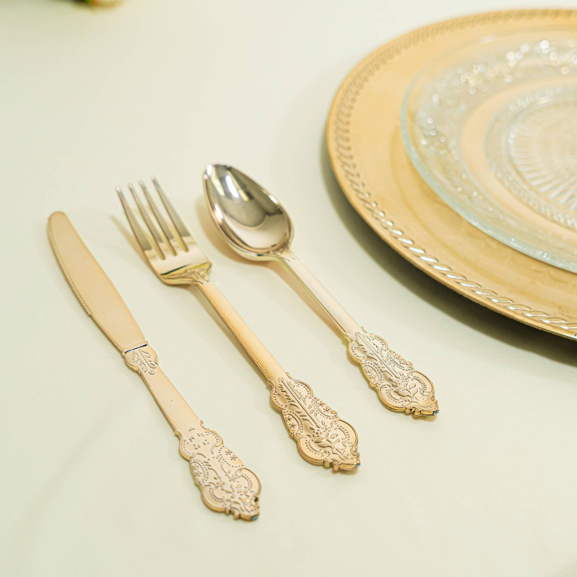 24pc Vintage Style Plastic Cutlery Combo - Gold
