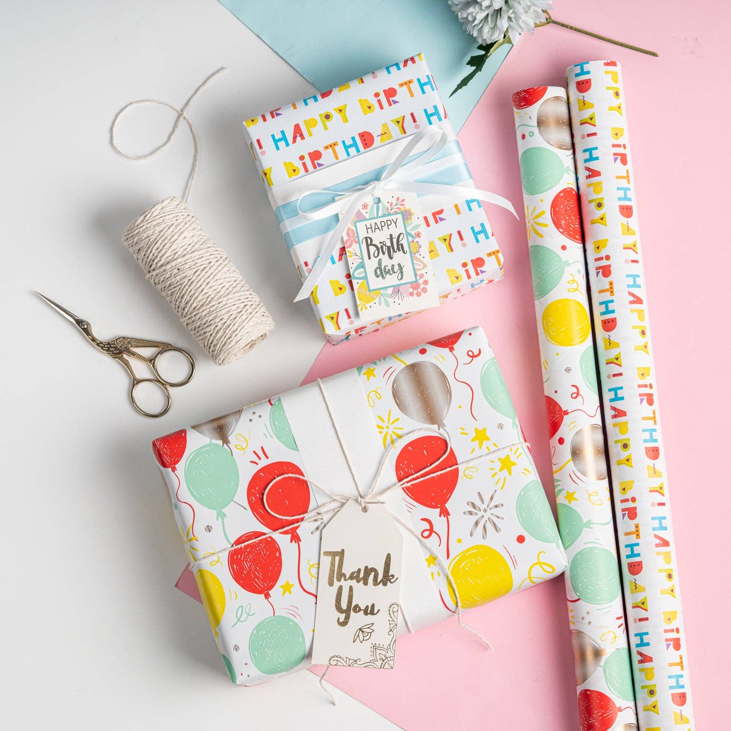 17" x 10' Birthday Mini Wrapping Paper Bundle (3-pack) | Happy Birthday/Balloons/Stripes