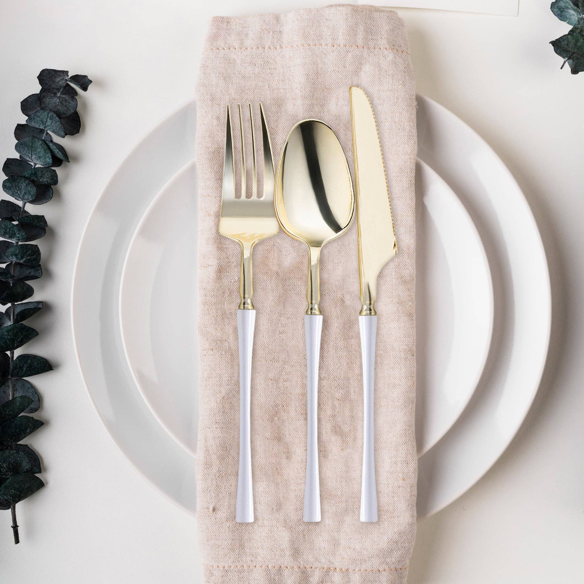 Gold w/ White Handle Moderno Plastic Cutlery Set - 20 Guests