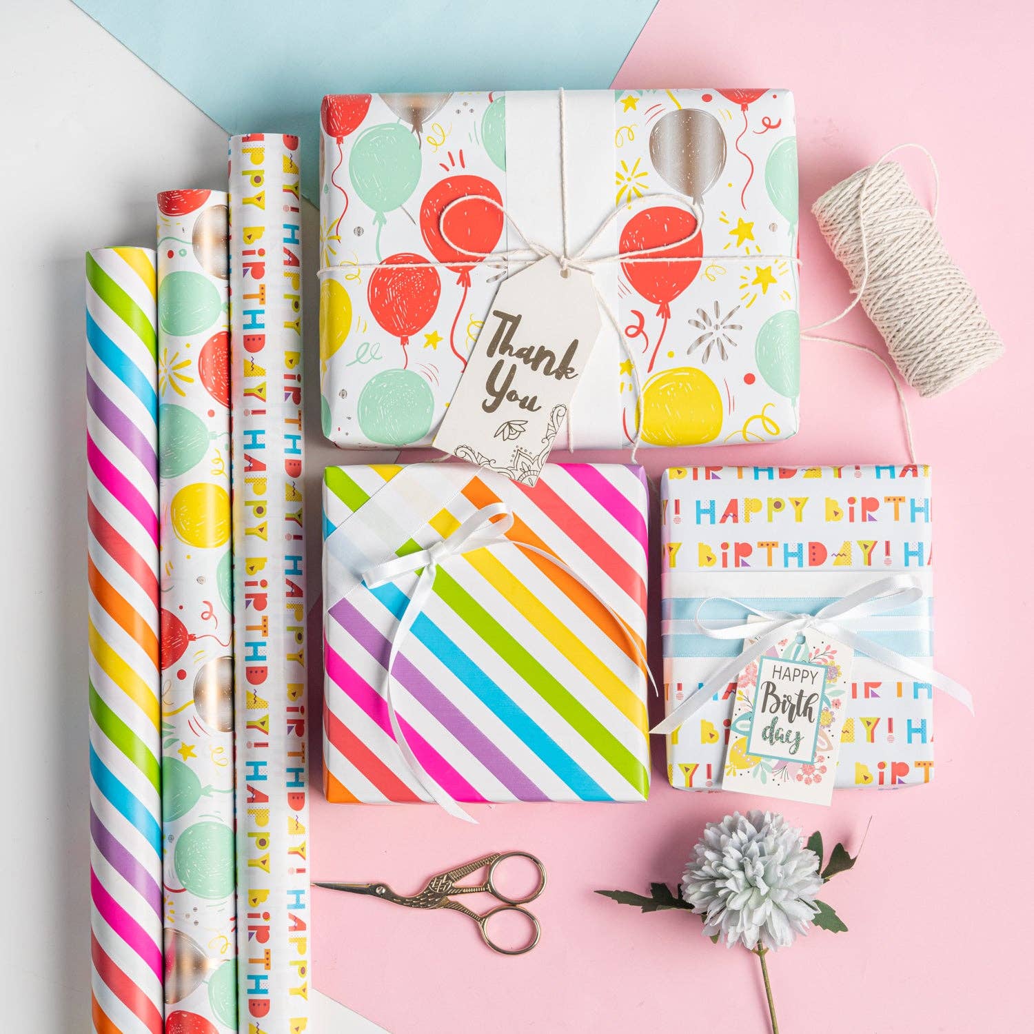 17" x 10' Birthday Mini Wrapping Paper Bundle (3-pack) | Happy Birthday/Balloons/Stripes